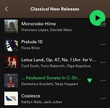 Bildschirmfoto von Spotifys Classical New Releases Playliste mit Tanja Hupperts Release 'Domenico Scarlatti: Keyboard Sonata in C-sharp Minor, K. 247'